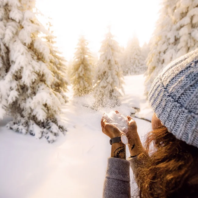 Reppert, Ihr Hotel in Hinterzarten im Schwarzwald Frau wirft Schnee in einem sonnigen, verschneiten Tannenwald in die Luft