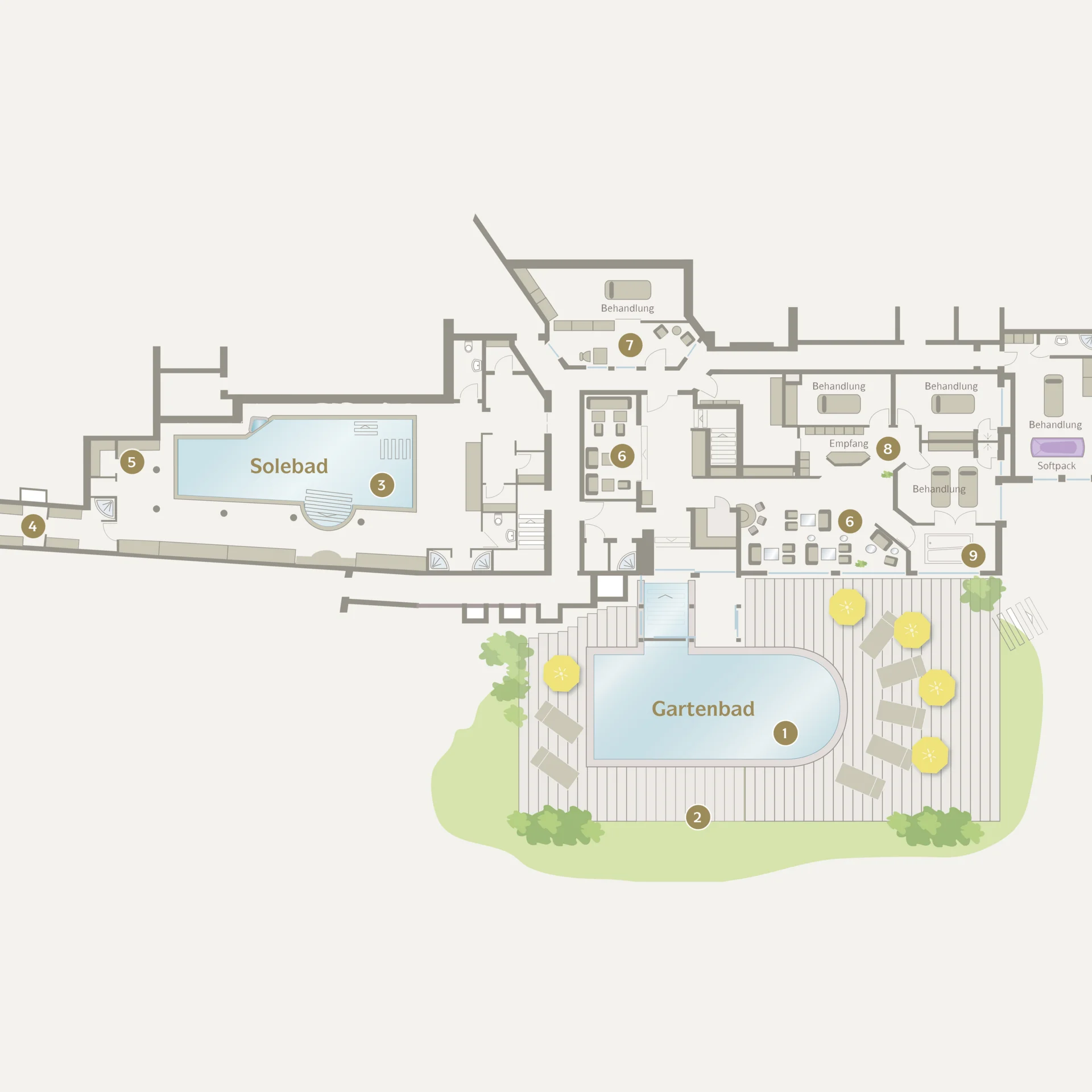 Your spa hotel in the Black Forest | Hotel Reppert Floor plan of spa area with saltwater pool, garden pool and treatment rooms