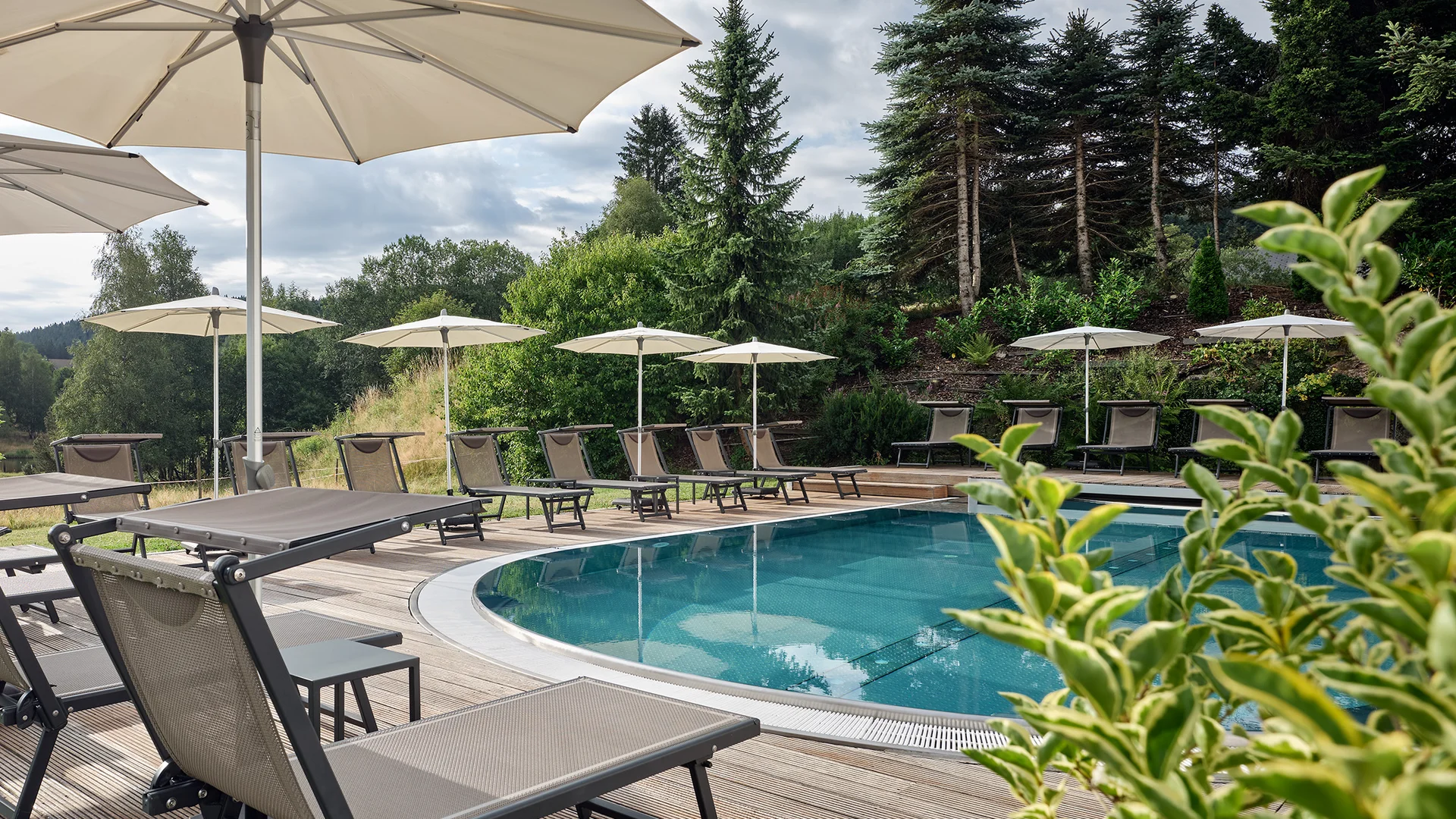 Your spa hotel in the Black Forest | Hotel Reppert Pool with lounge chairs and umbrellas in a green landscape