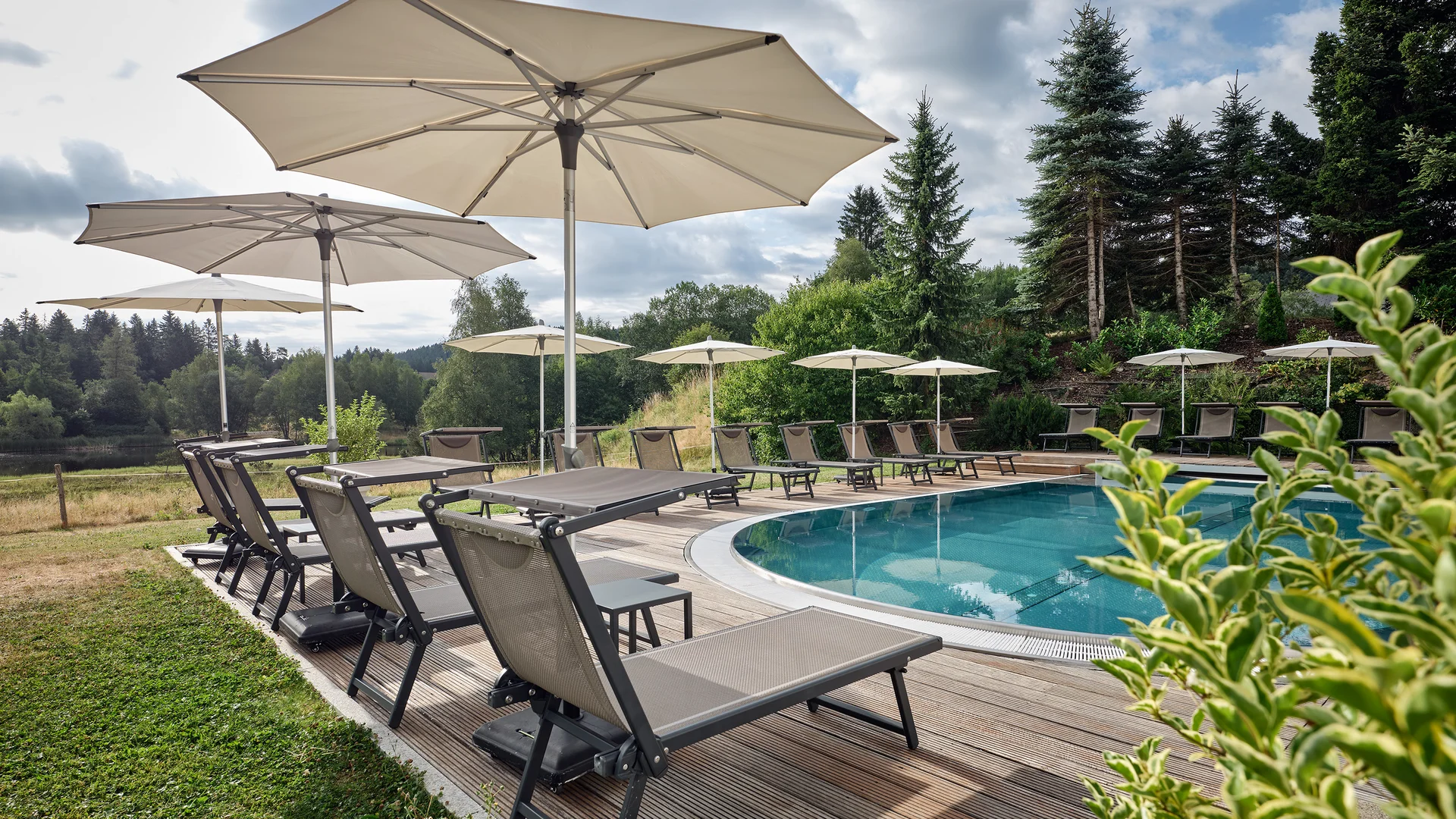 Reppert, Ihr Hotel in Hinterzarten im Schwarzwald Pool mit Liegestühlen und Sonnenschirmen in einer grünen Landschaft